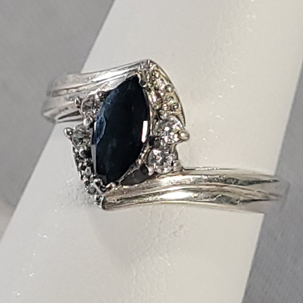 Sterling Silver Sapphire Ring Women Signed A Marquise Bypass Glass Accents Sz 7
